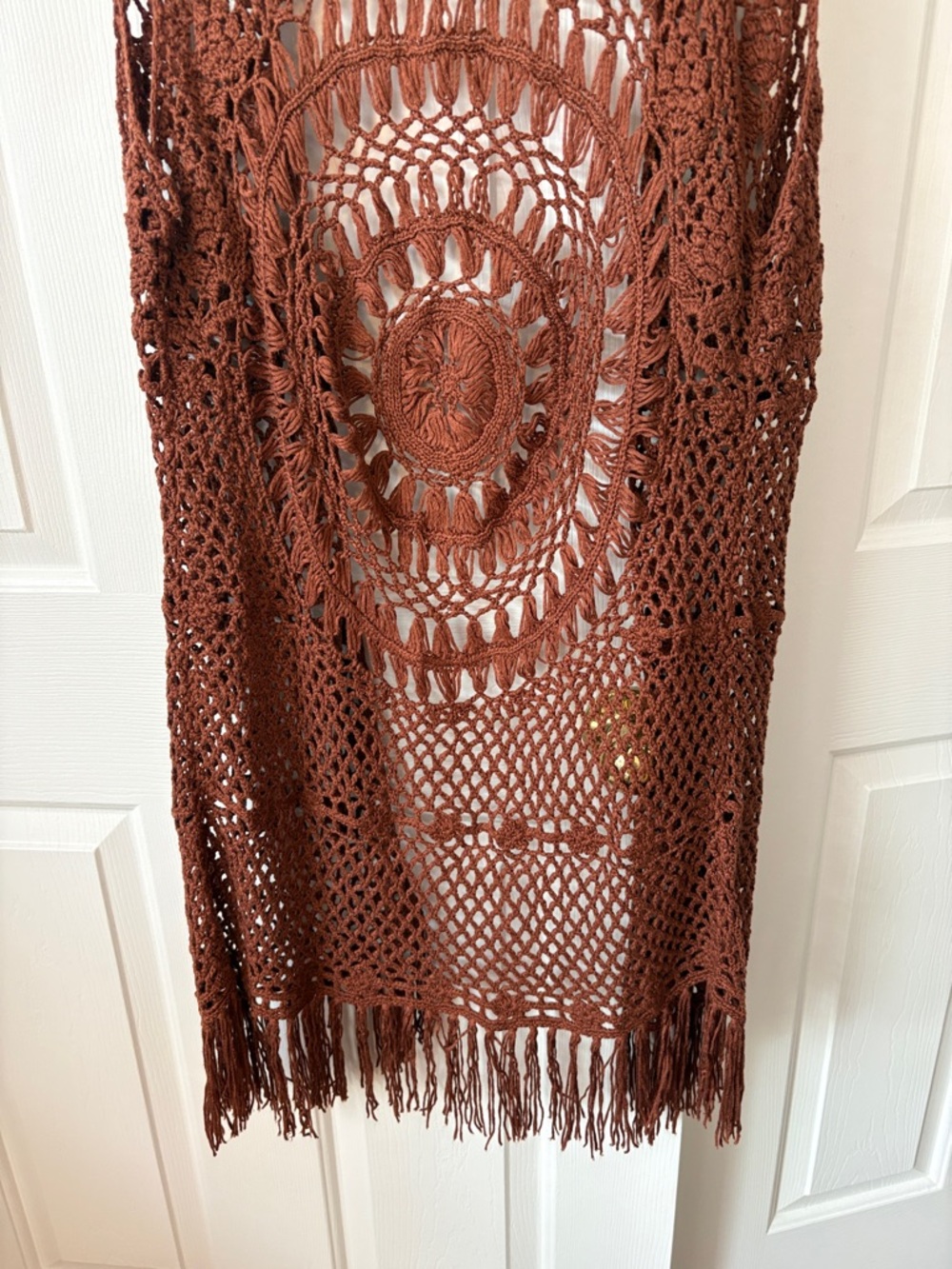 NWOT Beautiful Wrangler Brand Crochet Fringe Open Front Vest in Rich Brown M - Picture 15 of 17